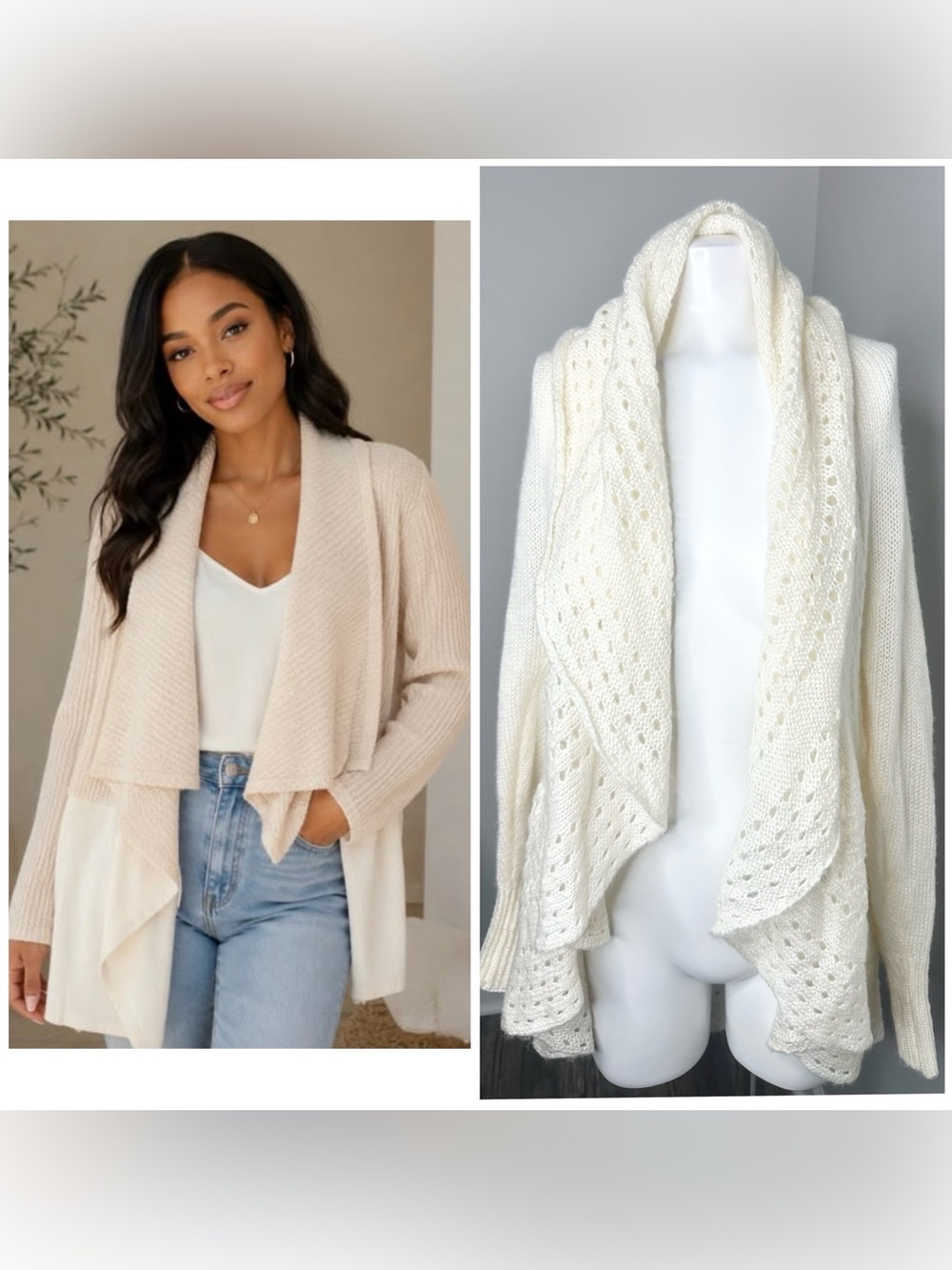Ashley Stewart Cream Open Front Draped Cardigan Sweater-18/20